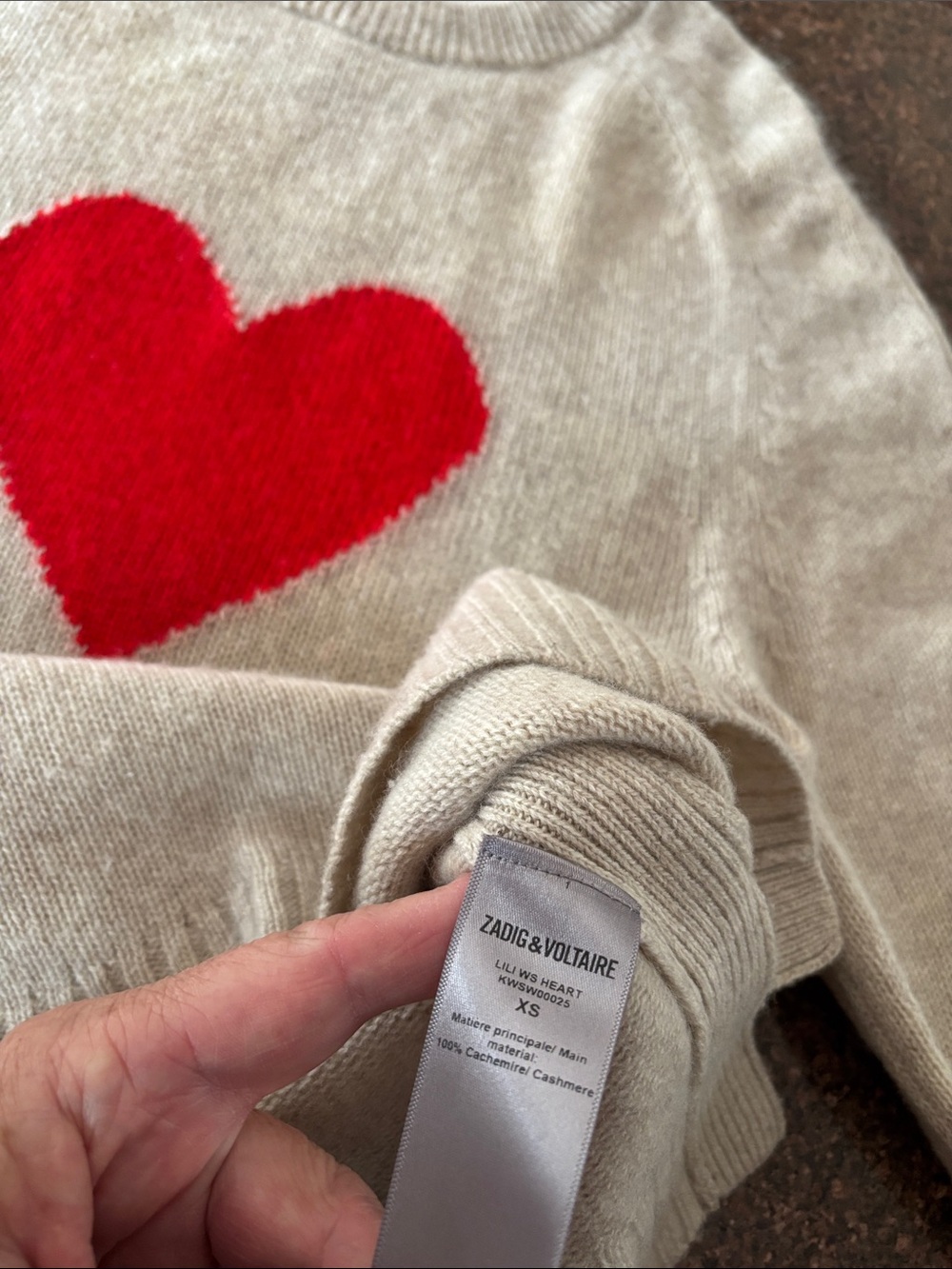 Zadig & Voltaire Ladies Beige Cashmere Red Heart ZV Sweater-XS - Picture 5 of 6
